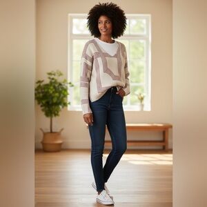 H&M V-neck Sweater - Beige/Maroon